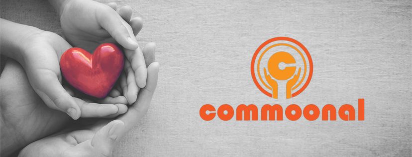 Hands holding a red heart, next to the commoonal logo